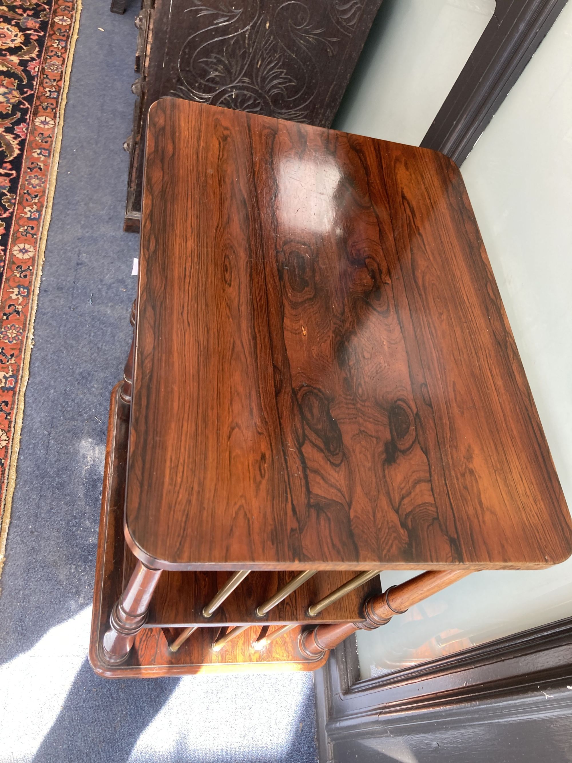 A Victorian rosewood three tier whatnot, width 61cm, depth 46cm, height 84cm